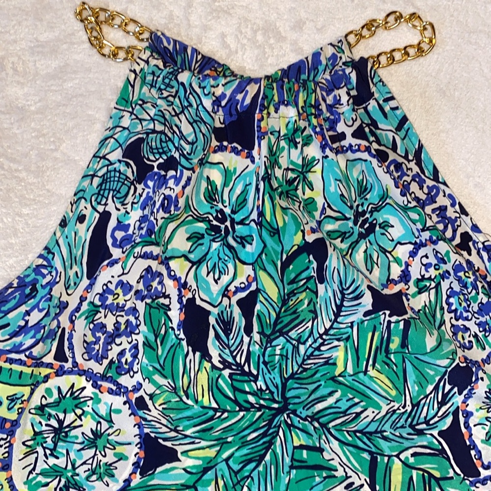 Lilly Pulitzer 100% silk Cabana Escape tank w/gold chain neck detail Sz XS - Picture 4 of 8